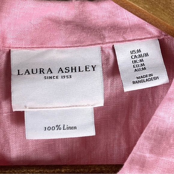 Laura Ashley Pink Size Medium Puff Sleeve 100% Linen Top Button Up Blouse Collar - Picture 7 of 9